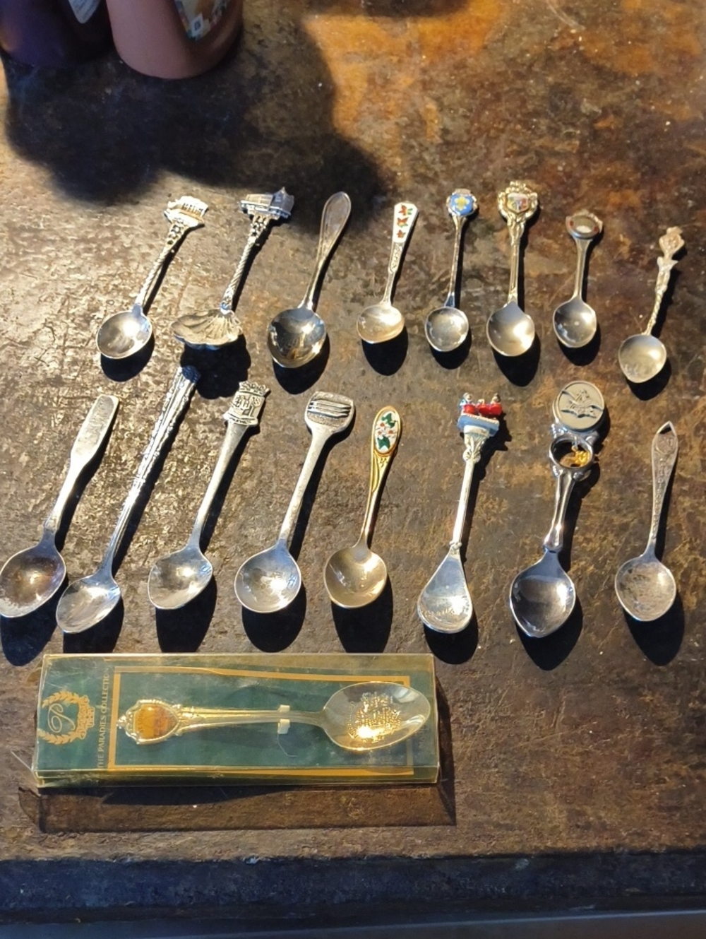 Collectible Decorative Silver-Tone and Gold Accent Souvenir Spoon Set